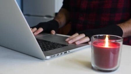 Computer Hacker Protective Gloves Steal Data Stock Photo