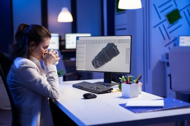 Woman Engineer Working Late Night 3d Model Industrial Turbine While Drinking Coffee Front Computer 482257 5165